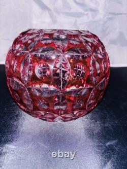 VTG Geometric Cut Crystal Rose Bowl Globe Vase Clear/Cranberry Glass