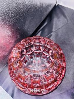 VTG Geometric Cut Crystal Rose Bowl Globe Vase Clear/Cranberry Glass