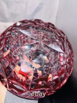 VTG Geometric Cut Crystal Rose Bowl Globe Vase Clear/Cranberry Glass