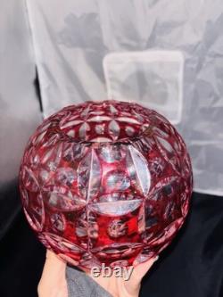 VTG Geometric Cut Crystal Rose Bowl Globe Vase Clear/Cranberry Glass