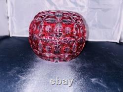 VTG Geometric Cut Crystal Rose Bowl Globe Vase Clear/Cranberry Glass