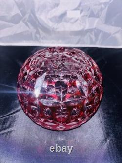 VTG Geometric Cut Crystal Rose Bowl Globe Vase Clear/Cranberry Glass