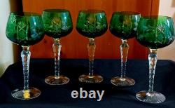 VTG Imperlux AJKA Lausitzer Emerald Green Cut Crystal Wine Glasses 8 Set of 5