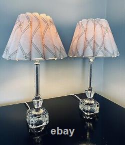 VTG Imported Hand Cut Crystal Boudoir Table Lamps 2, Pair Etched & Petal Shades