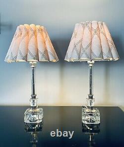 VTG Imported Hand Cut Crystal Boudoir Table Lamps 2, Pair Etched & Petal Shades