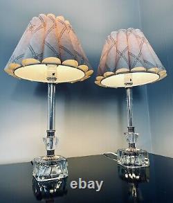 VTG Imported Hand Cut Crystal Boudoir Table Lamps 2, Pair Etched & Petal Shades