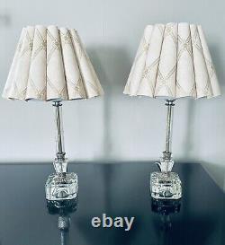 VTG Imported Hand Cut Crystal Boudoir Table Lamps 2, Pair Etched & Petal Shades