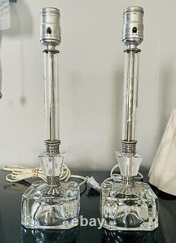 VTG Imported Hand Cut Crystal Boudoir Table Lamps 2, Pair Etched & Petal Shades