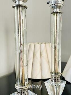 VTG Imported Hand Cut Crystal Boudoir Table Lamps 2, Pair Etched & Petal Shades