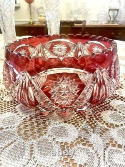 VTG LAUSITZER GLASS CRANBERRY CUT TO CLEAR CRYSTAL CENTERPIECE COMPOTE 9in