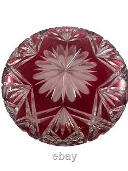 VTG LAUSITZER GLASS CRANBERRY CUT TO CLEAR CRYSTAL CENTERPIECE COMPOTE 9in