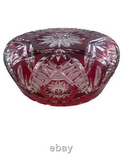 VTG LAUSITZER GLASS CRANBERRY CUT TO CLEAR CRYSTAL CENTERPIECE COMPOTE 9in