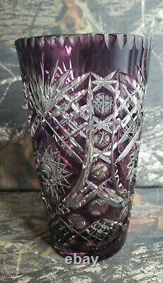 VTG Large Bohemian Czech Intricate Cut To Clear Amethyst Crystal Vase Purple