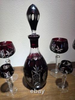 VTG Ruby Cut To Clear Crystal Decanter Wine Cordial Glass Set Bohemian Style MCM VTG Ruby Cut To Clear Crystal Decanter Wine Cordial Glass Set Bohemian Style MCM