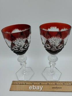 VTG SPODE WINE GLASS Cranberry Cut To Clear Crystal 7 1/4 BOHEMIAN STYLE Lot/2