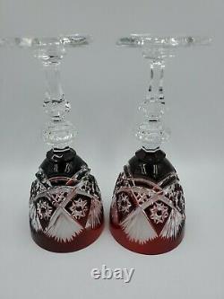 VTG SPODE WINE GLASS Cranberry Cut To Clear Crystal 7 1/4 BOHEMIAN STYLE Lot/2