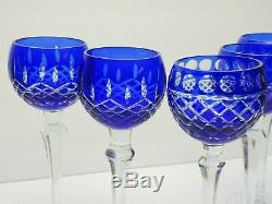VTG Set of 5 COBALT BLUE Bohemian Czech CUT CLEAR CRYSTAL WINE HOCK GLASS 8 1/4
