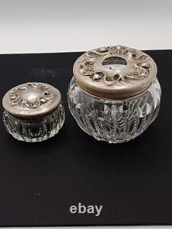 VTG Vanity Cut Crystal Glass Jars Hair Receiver & Powder RW&S Sterling Lids