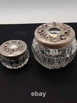 VTG Vanity Cut Crystal Glass Jars Hair Receiver & Powder RW&S Sterling Lids