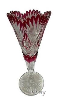 Val St Lambert 12 Red Cranberry Cut to Clear Crystal Cut Glass Trumpet Vase