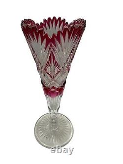 Val St Lambert 12 Red Cranberry Cut to Clear Crystal Cut Glass Trumpet Vase