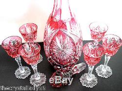 Val St Lambert Cranberry Cased Cut To Clear Crystal Decanter + Cordials C1905