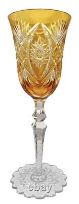 Val St Lambert Crystal Wine Glass Amber Gold Cut to Clear Snowflake Base 8.25