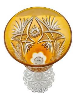 Val St Lambert Crystal Wine Glass Amber Gold Cut to Clear Snowflake Base 8.25