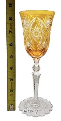 Val St Lambert Crystal Wine Glass Amber Gold Cut to Clear Snowflake Base 8.25