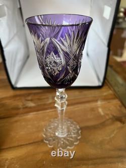 Val St Lambert Crystal Wine Glass Amethyst Cut to Clear Snowflake Base 8.4