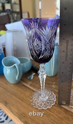 Val St Lambert Crystal Wine Glass Amethyst Cut to Clear Snowflake Base 8.4