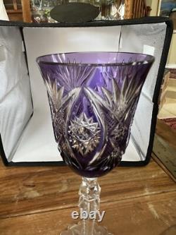 Val St Lambert Crystal Wine Glass Amethyst Cut to Clear Snowflake Base 8.4
