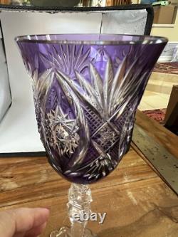 Val St Lambert Crystal Wine Glass Amethyst Cut to Clear Snowflake Base 8.4