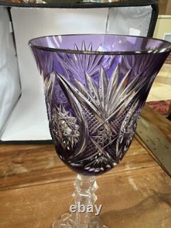 Val St Lambert Crystal Wine Glass Amethyst Cut to Clear Snowflake Base 8.4