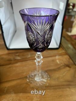 Val St Lambert Crystal Wine Glass Amethyst Cut to Clear Snowflake Base 8.4