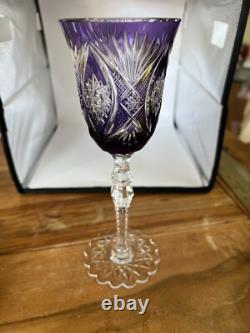 Val St Lambert Crystal Wine Glass Amethyst Cut to Clear Snowflake Base 8.4