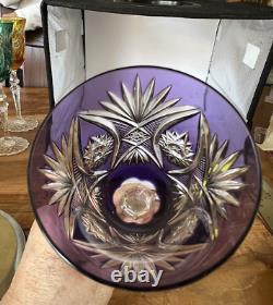 Val St Lambert Crystal Wine Glass Amethyst Cut to Clear Snowflake Base 8.4
