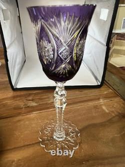 Val St Lambert Crystal Wine Glass Amethyst Cut to Clear Snowflake Base 8.4