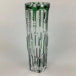 Val St. Lambert Emerald Green Cut Clear Crystal 10 Inch Cylindrical Vase