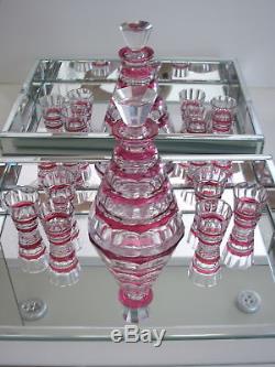 Val St Lambert Muscadet Cranberry Cased Cut To Clear Crystal Decanter + Cordials