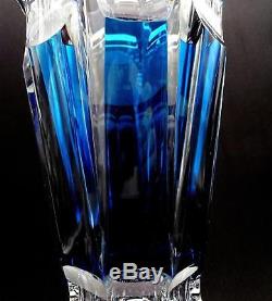 Val St Lambert Rare Signed & Numbered 39/100 Crystal Blue Panel Cut 9 7/8 Vase
