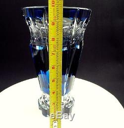 Val St Lambert Rare Signed & Numbered 39/100 Crystal Blue Panel Cut 9 7/8 Vase