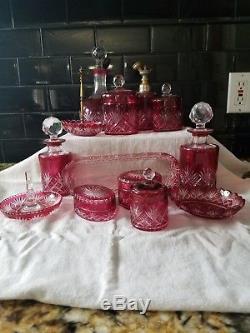 Val St Lambert cranberry to clear cut crystal dresser set, 13 piece