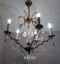 Very Elegant Vintage French Brass Chandelier with Cut Glass Centre and Crystals