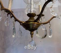 Very Elegant Vintage French Brass Chandelier with Cut Glass Centre and Crystals