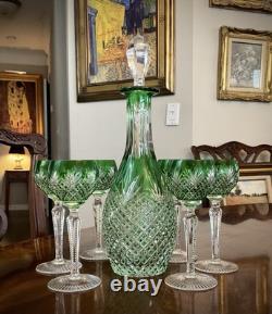 Very RARE Bavarian Emerald Green Cut To Clear Crystal Decanter Cordial Set 8pc