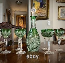 Very RARE Bavarian Emerald Green Cut To Clear Crystal Decanter Cordial Set 8pc
