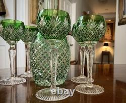 Very RARE Bavarian Emerald Green Cut To Clear Crystal Decanter Cordial Set 8pc