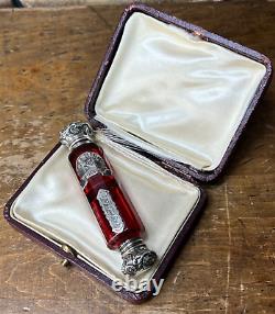 Victorian Cut Ruby Crystal Glass Bottle Silver Top Poison Skull Cyanide Antidote