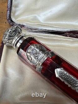 Victorian Cut Ruby Crystal Glass Bottle Silver Top Poison Skull Cyanide Antidote